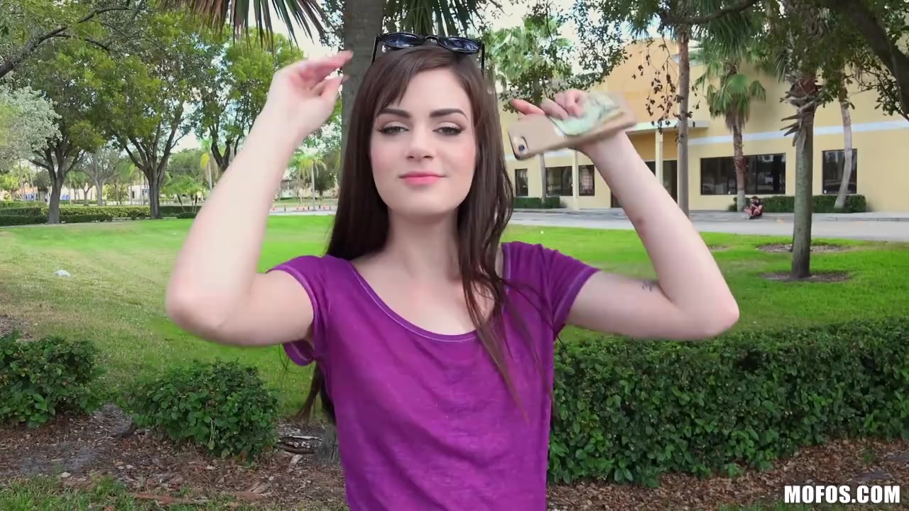 Skinny brunette cutie flashes Tiny boobs for cash